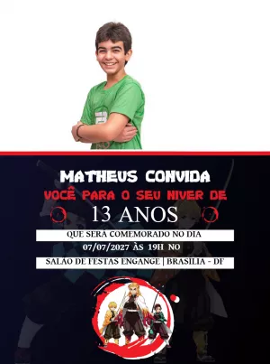 Convite de Aniversário Demon Slayer com Foto para Editar Online