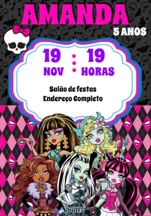 Convite Aniversário Monster High com Personagens para Editar