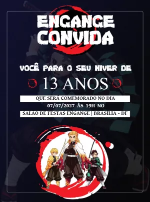 Convite de Aniversário Demon Slayer com Personagens para Editar