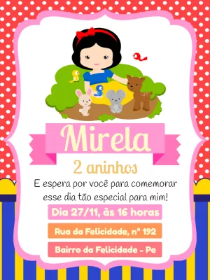 Convite Aniversário Branca de Neve Fofa para Editar Online