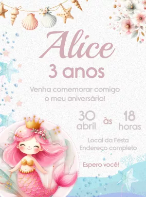 Convite de Aniversário Sereia Fofa para Editar Online