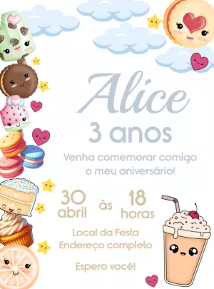 Convite Aniversário Guloseimas e Doces Fofos para Editar