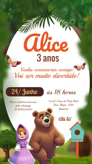 Convite Aniversário Masha e o Urso para Editar Online