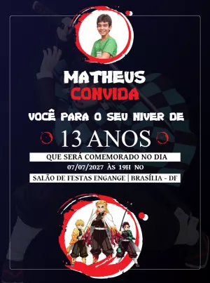 Convite Aniversário Demon Slayer com Foto para Editar Online