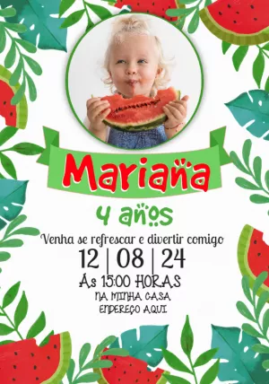Convite Aniversário Melancia com Foto para Editar Online
