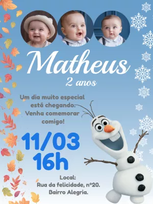 Convite Aniversário Olaf com Foto para Editar Online