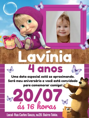 Convite Aniversário Masha e o Urso com Foto Editável Online