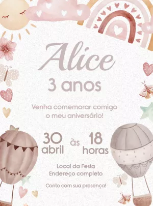 Convite Aniversário Arco-íris e Balões para Editar Online