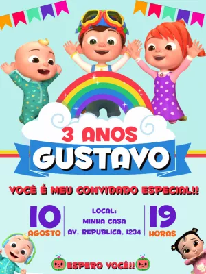 Convite Aniversário Cocomelon com Personagens para Editar Online