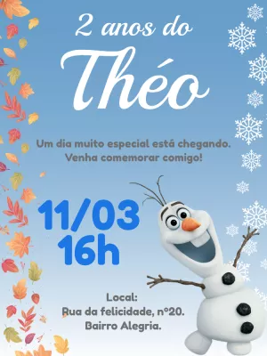 Convite de Aniversário Olaf Frozen para Editar Online