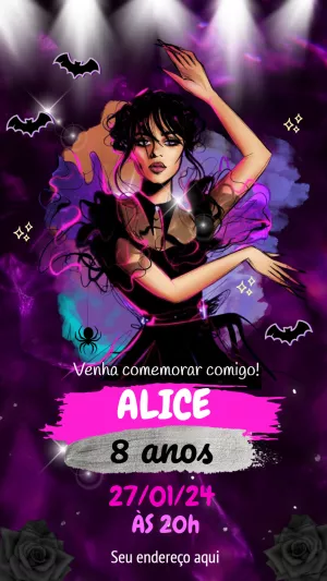 Convite de Aniversário Wandinha Addams para Editar Online