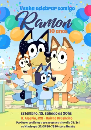 Convite de Aniversário Bluey e Bingo para Editar Online