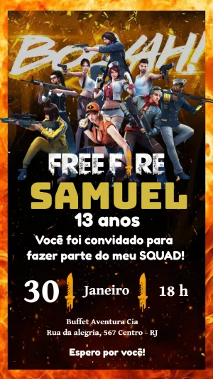 Convite de Aniversário Free Fire com Personagens para Editar