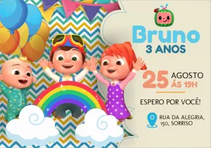 Convite de Aniversário Cocomelon com Personagens para Editar