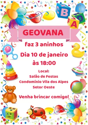 Convite de Aniversário Brinquedos Colorido para Editar Online
