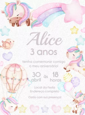 Convite Aniversário Unicórnio Fofo com Balões para Editar