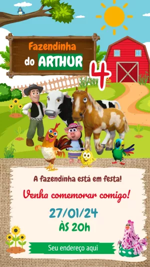Convite Aniversário Fazendinha do Zenon com Personagens para Editar