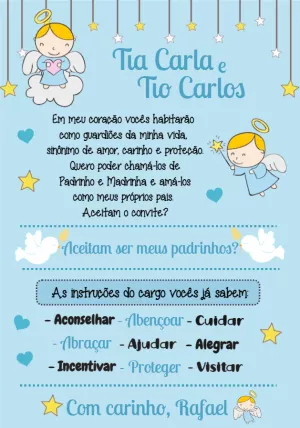 Convite Padrinhos de Batismo Anjinho Azul para Editar Online