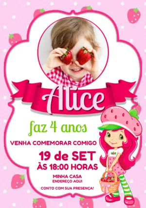 Convite Aniversário Moranguinho com Foto para Editar Online