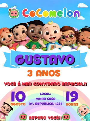 Convite de Aniversário Cocomelon com a Turma Reunida para Editar