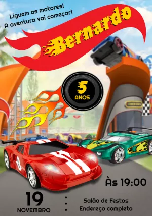 Convite de Aniversário Hot Wheels com Carros para Editar Online