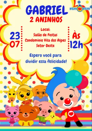 Convite de Aniversário Plim Plim com Personagens para Editar