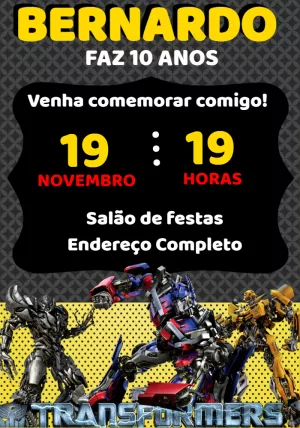 Convite de Aniversário Transformers com Personagens para Editar