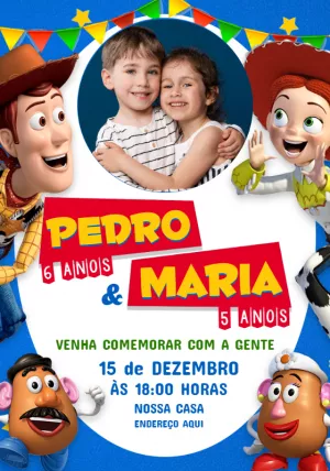 Convite Aniversário Duplo Toy Story com Foto para Editar