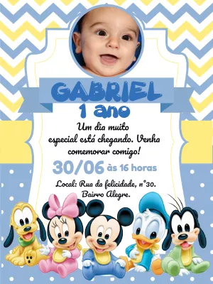 Convite Aniversário Disney Baby Azul com Foto para Editar Online