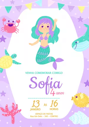 Convite de Aniversário Sereia Fofa e Amigos para Editar