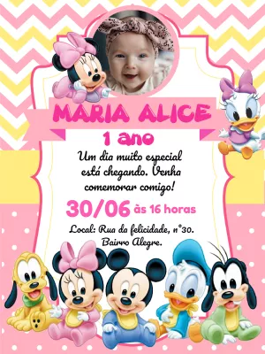 Convite Aniversário Disney Baby Rosa com Foto para Editar Online