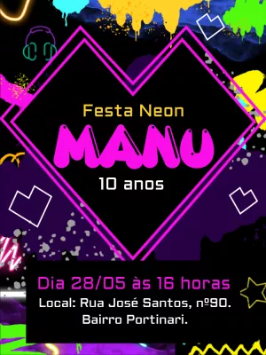 Convite de Aniversário Neon Balada para Editar Online