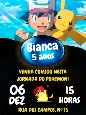 Convite de Aniversário Pokémon com Ash e Pikachu para Editar