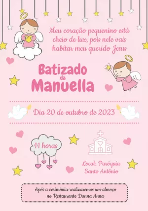 Convite de Batizado Anjinha Rosa para Editar Online