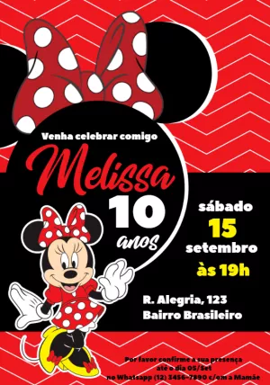 Convite Aniversário Minnie Mouse Vermelho para Editar Online