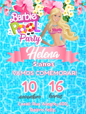 Convite Aniversário Barbie Pool Party para Editar Online