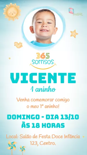 Convite de Aniversário 365 Sorrisos com Foto para Editar