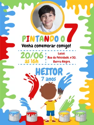 Convite Aniversário Pintando o 7 com Foto para Editar Online