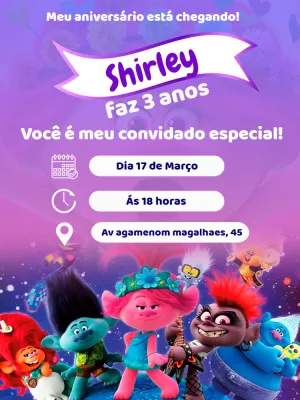 Convite de Aniversário Trolls com Personagens para Editar Online