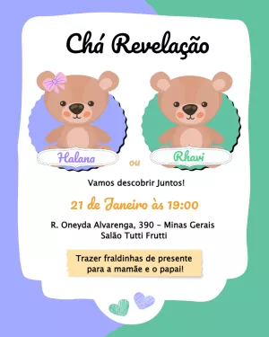 Convite de Chá Revelação Ursinhos para Editar e Imprimir