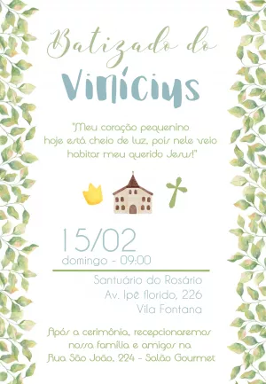 Convite de Batizado com Folhas Verdes para Editar Online