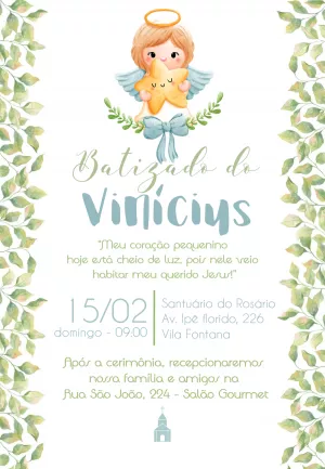 Convite de Batizado Anjinho e Folhas Verdes para Editar