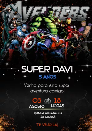 Convite de Aniversário Vingadores com Super-Heróis para Editar