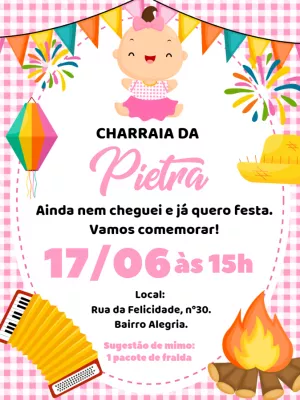 Convite Charraiá de Fraldas Menina para Editar Online