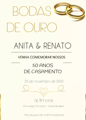 Convite Bodas de Ouro Dourado Elegante para Editar Online