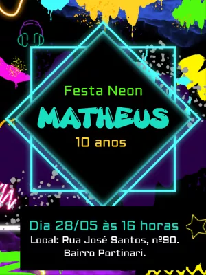 Convite de Aniversário Neon Balada para Editar Online