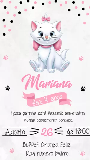 Convite Aniversário Gatinha Marie para Editar Online