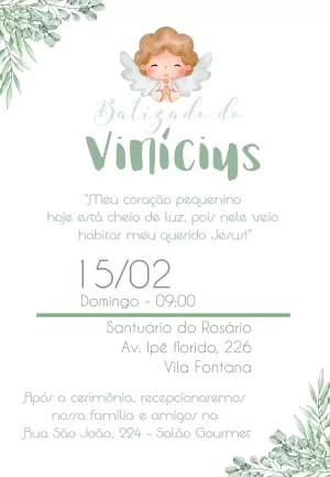 Convite de Batizado Anjinho com Folhagens para Editar Online