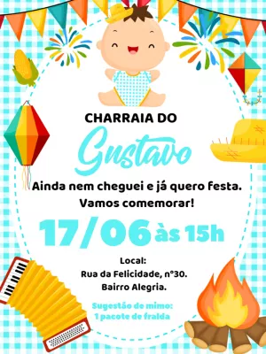 Convite Charraiá de Fraldas Menino com Tema Junino para Editar