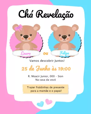 Convite Chá Revelação Ursinhos Fofos para Editar Online